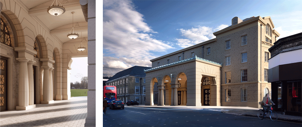 View from Regent's Street and of the new Porte Cochere, University Arms Hotel, Cambridge, United Kingdom