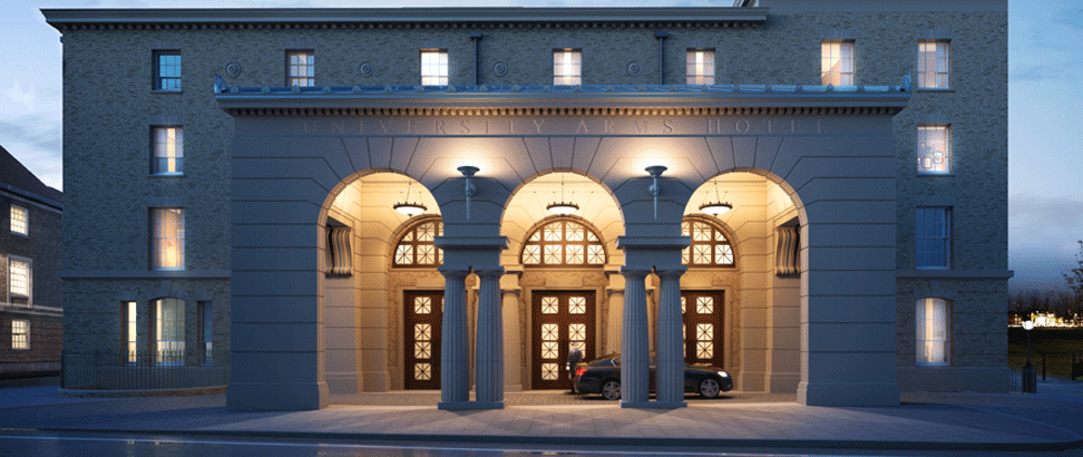 View of the new Porte Cochere, University Arms Hotel, Cambridge, United Kingdom