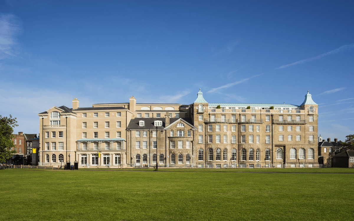 View from Parker's Piece of the new University Arms Hotel, Cambridge, United Kingdom