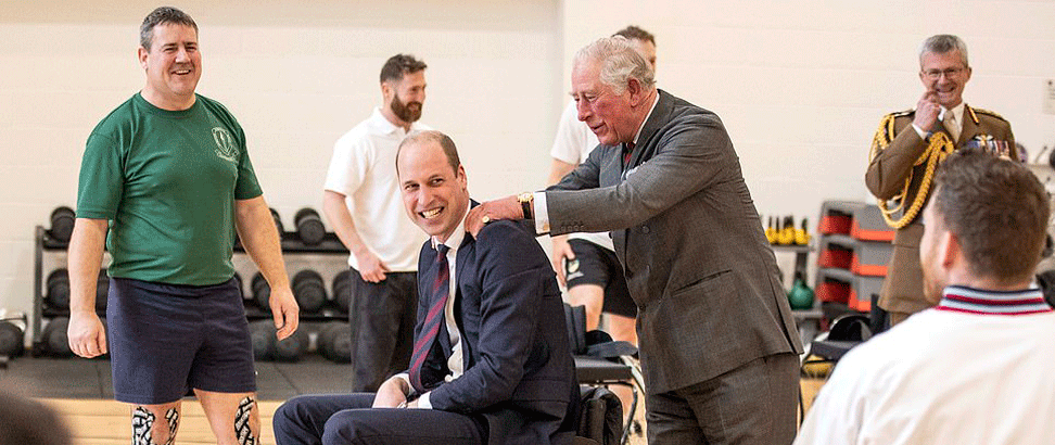 The Duke of Cambridge scores in Wheelchair Basketball (with a little help from The Prince of Wales!) during a visit to the Defence Medical Rehabilitation Centre