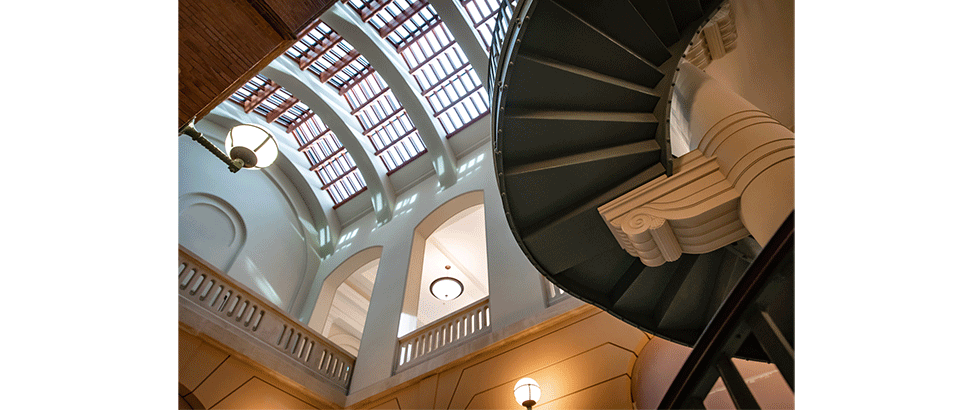 View looking up to the glass roof over the spectacular new top lit internal foyer spaces